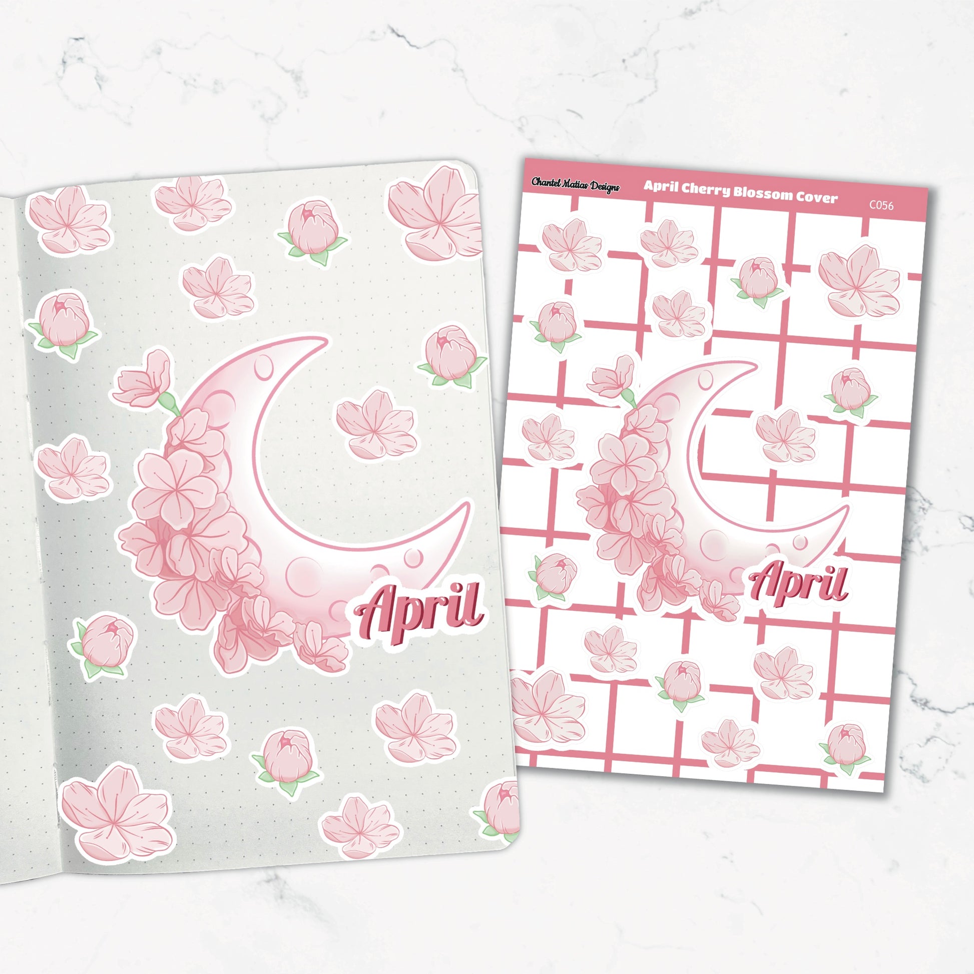 Decorative April bullet journal cover page sticker cherry blossom theme. Ideal for monthly cover page ideas, this sticker enhances your Bujo cover title page for April. beautiful springtime cherry blossoms, perfect for personalizing your journal