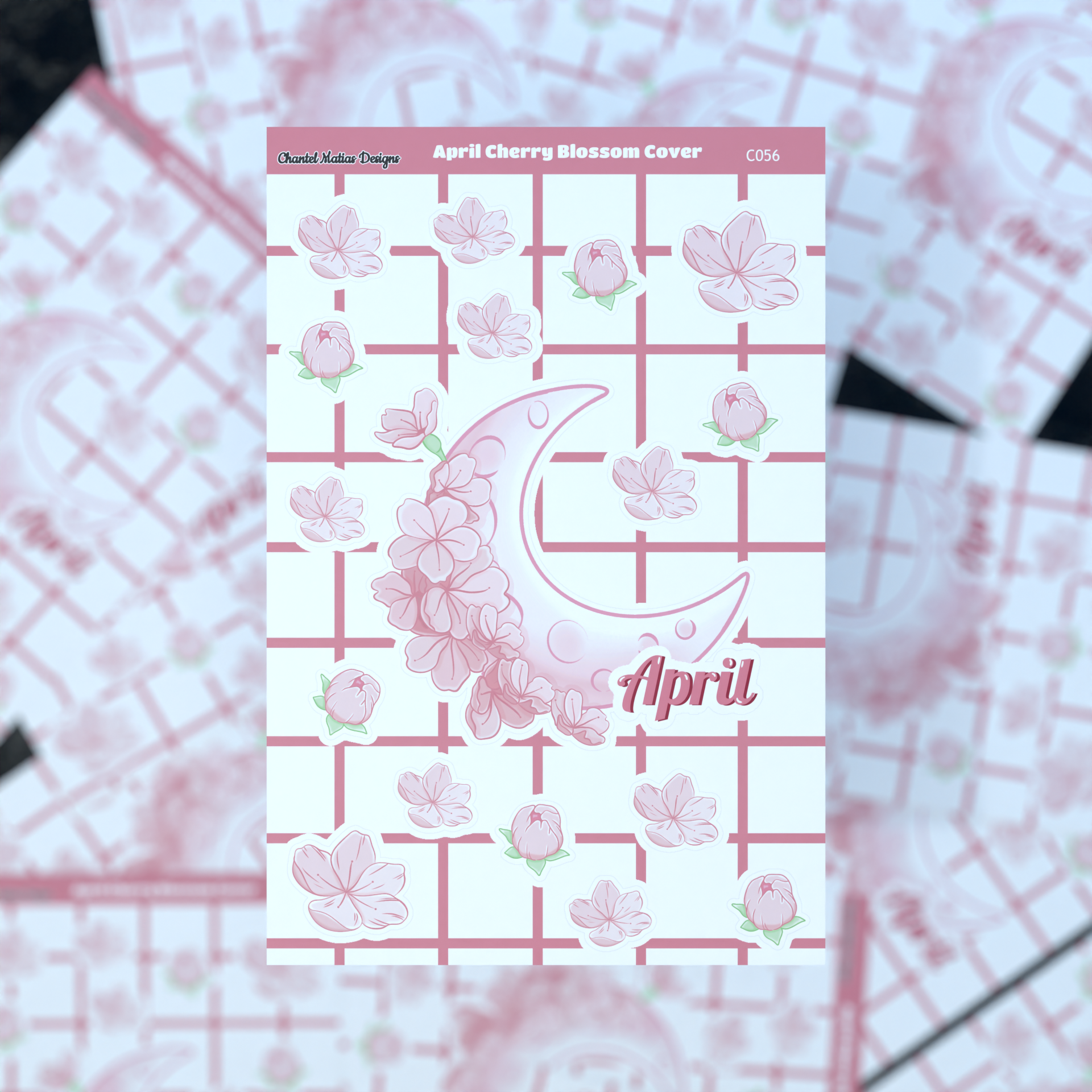 Decorative April bullet journal cover page sticker cherry blossom theme. Ideal for monthly cover page ideas, this sticker enhances your Bujo cover title page for April. beautiful springtime cherry blossoms, perfect for personalizing your journal