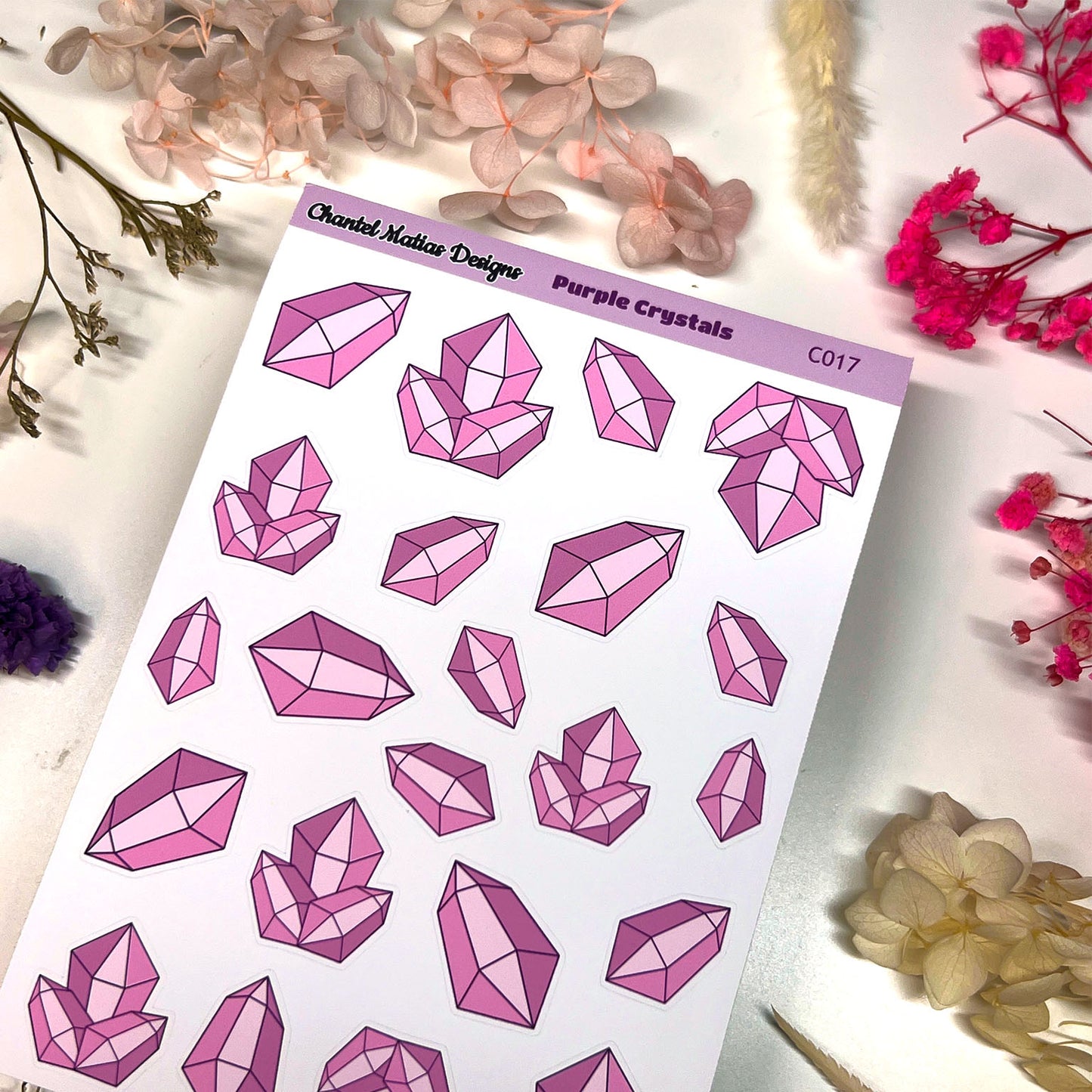 Purple Crystal Planner Sticker Sheet - Mystical Bullet Journal Stickers for Crystal Lovers & Creative Planners